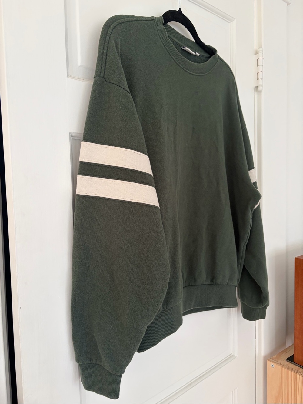 Clare V. Oversized Varsity Sweatshirt in Olive Green with White Sleeve Stripes - Picture 2 of 4